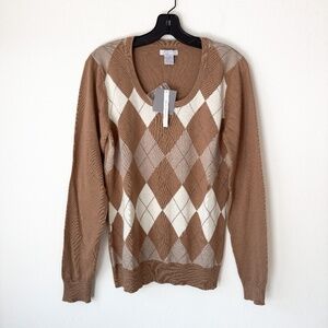 Alfred Sung 100% Cotton Sweater Argyle Brown and Cream Round Neckline Size L